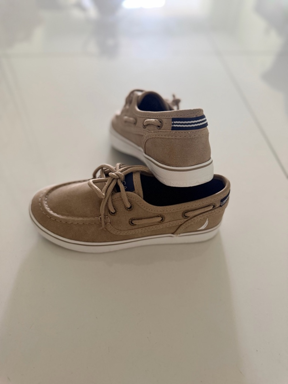 Nautica Kids Tan Suede Moccasin Boat Shoes with Navy Trim